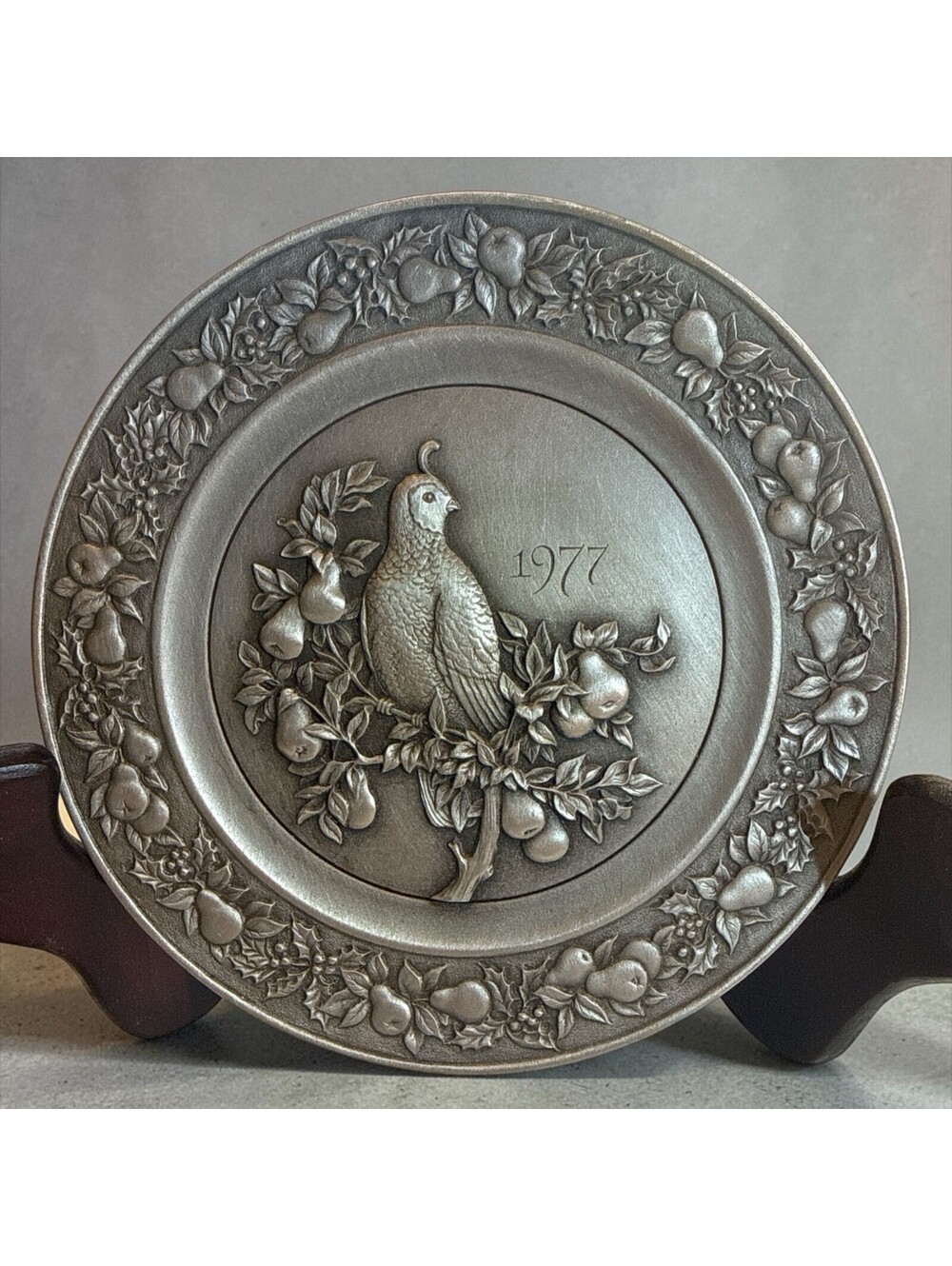 Hallmark Little Gallery Pewter Partridge Pear Tree 1977 Christmas Plate 5.75"